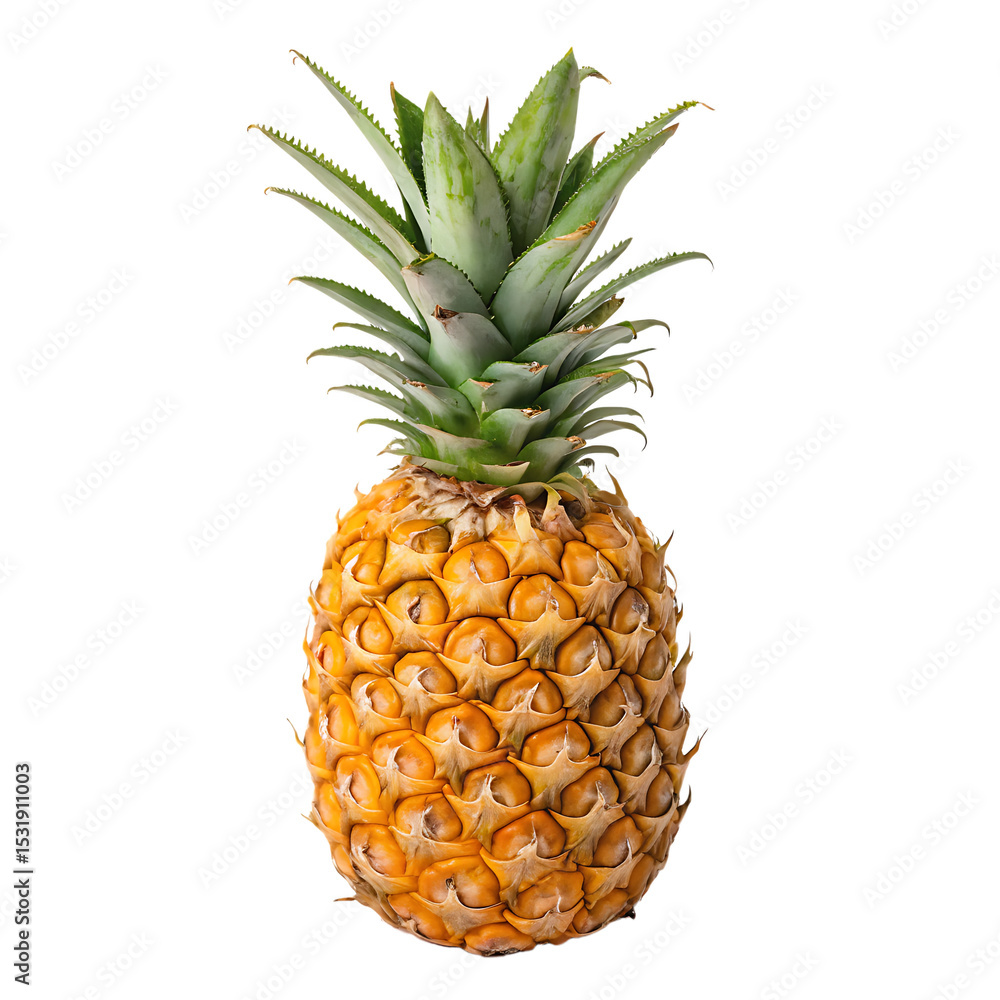 Fototapeta premium One fresh juicy pineapple with green crown isolated on a transparent background