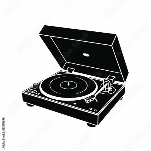 Vintage turntable record player open lid black silhouette