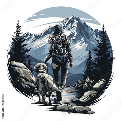 Woman Hiking with Dog in Mountain Landscape Vector Cartoon Design