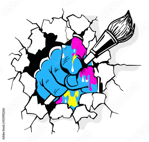 Colorful Graffiti Hand with Paintbrush Emerging from Cracked Wall