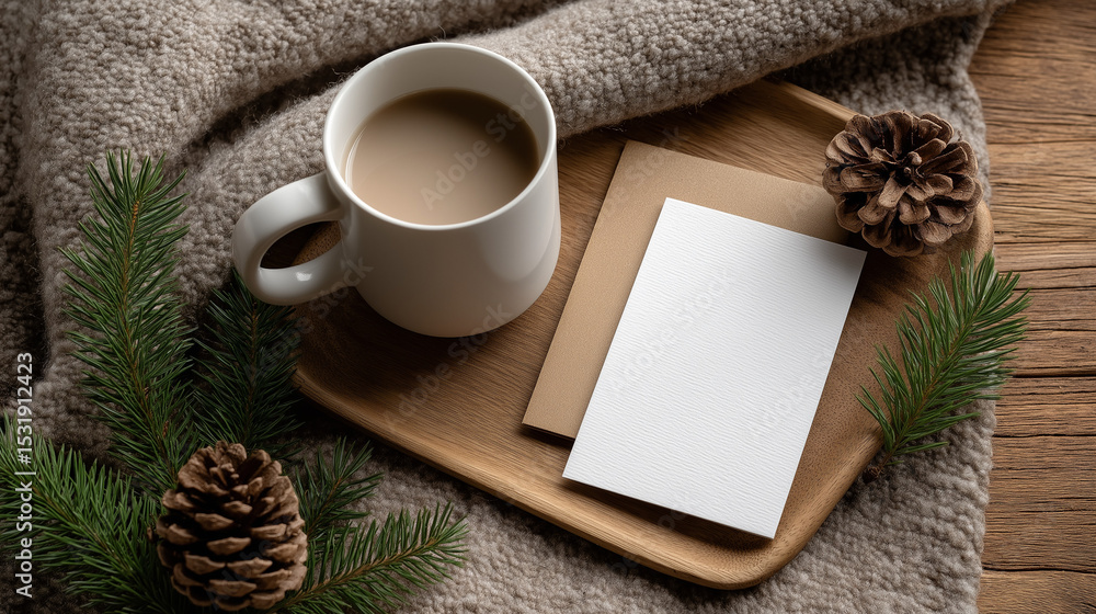Hot coffee cup wrapped up in a cozy blanket on a wooden table with quote Hot coffee cup wrapped up in a cozy blanket on a wooden table with quote