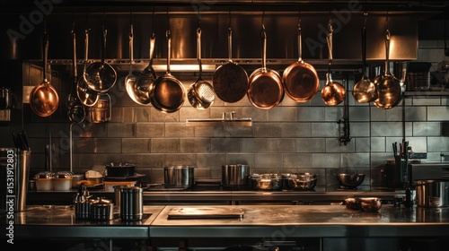A Culinary Haven: Gleaming Copper Cookware in a Professional Kitchen