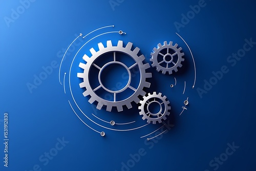 Three silver metallic gears interlocked on a deep blue background surrounded by thin white lines suggesting a technological network or system the largest gear is centrally positioned with two