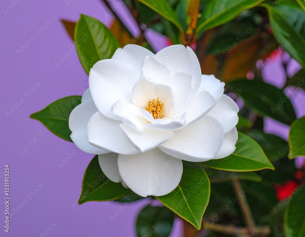 Fototapeta premium Elegant White Gardenia Flower on Purple Background
