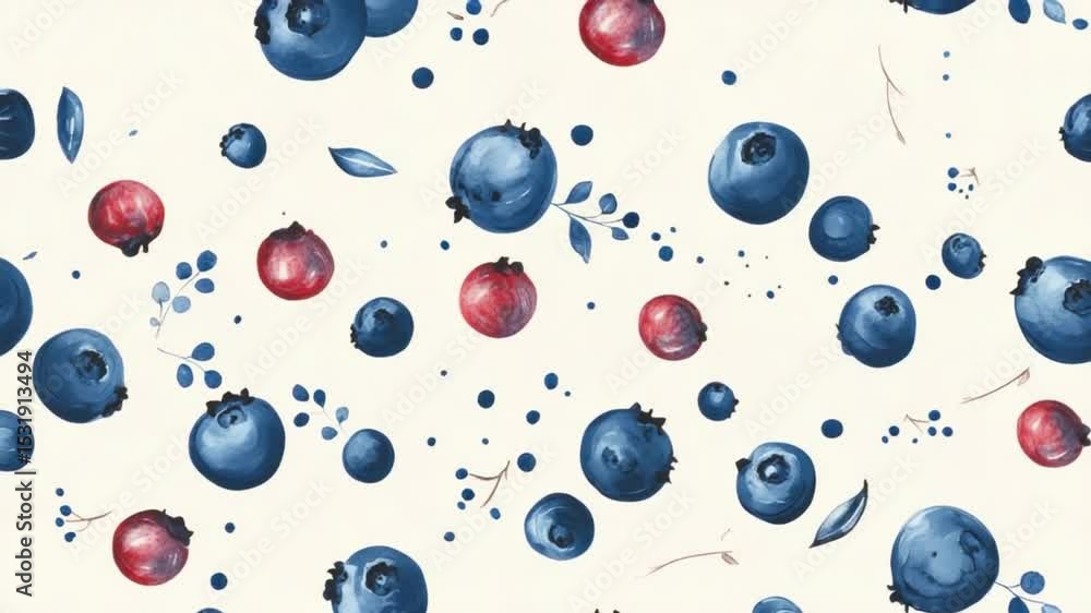 Watercolor Illustration of Blueberries and Red Berries on a Cream Background Seamless Pattern Watercolor Illustration of Blueberries and Red Berries on a Cream Background Seamless Pattern