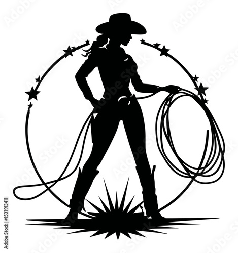 Stylish Cowgirl Silhouette with Lasso and Stars in Vector Format
