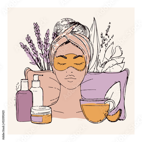 Relaxing Spa Day Illustration with Beauty Products and Herbal Tea