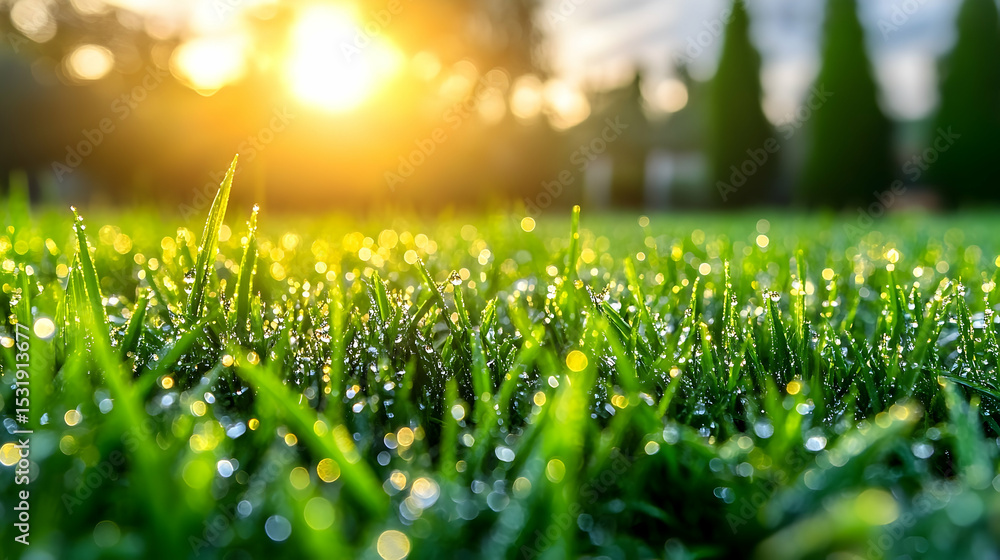 Fototapeta premium Morning dew on lush green grass nature photography background