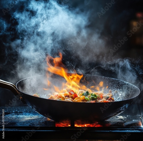 Wallpaper Mural Wok with sizzling food, smoke and flames Torontodigital.ca