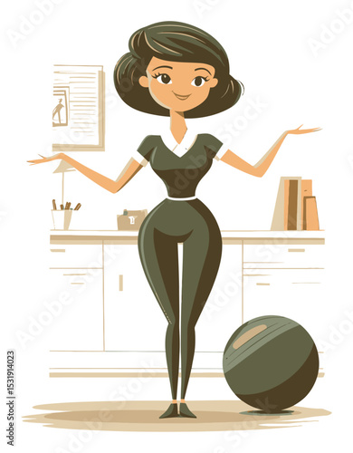 Cartoon Woman in Office Outfit with Exercise Ball Vector Illustration