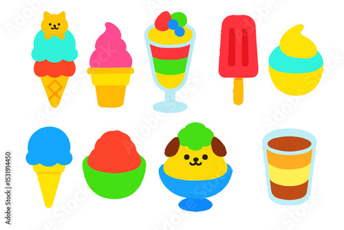 カラフルなアイスクリームやかき氷やパフェなど冷たいデザートのイラスト