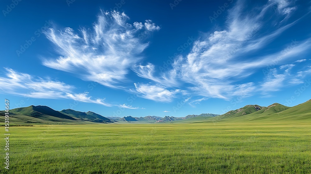 Fototapeta premium Expansive Green Meadow Under a Bright Blue Sky with Wispy White Clouds and Distant Mountains Landscape View
