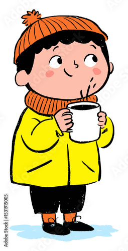 Cozy Boy in Yellow Jacket Enjoying Hot Beverage in Illustration