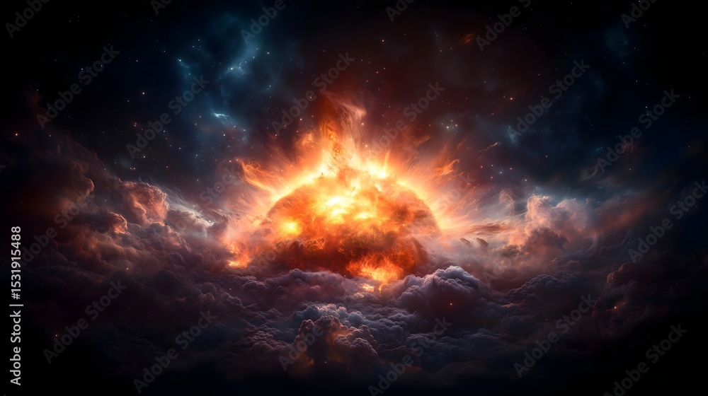Solar flare erupts from the sun with vibrant colors illuminating the dark sky and clouds in a cosmic display Solar flare erupts from the sun with vibrant colors illuminating the dark sky and clouds in a cosmic display