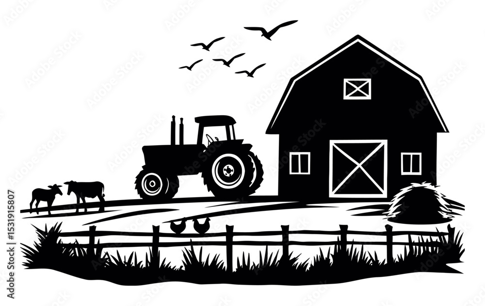 Obraz premium Black and White Farm Scene with Tractor, Barn, Cows, and Birds