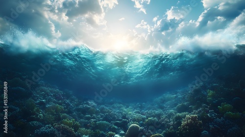 Tropical reef battles storm surge waves at sunset, showcasing nature's raw power and beauty