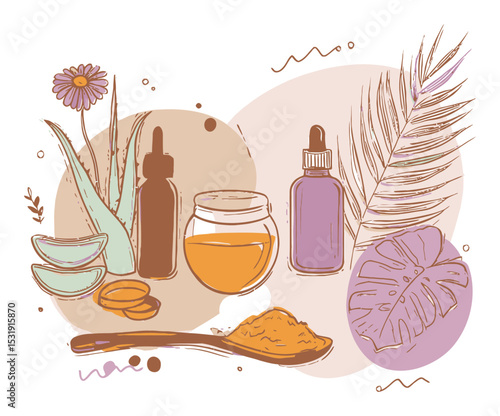 Natural Ingredients and Essential Oils in Vector Art for Wellness and Beauty