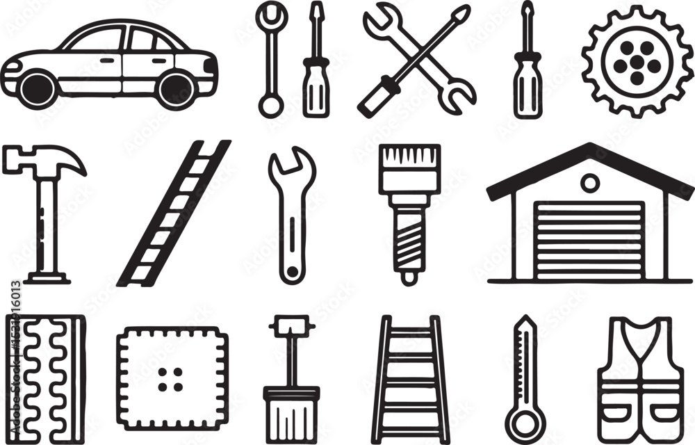Obraz premium Garage elements vector line art icon set. transport tools, labor cloth, repair equipment .Editable stroke outline