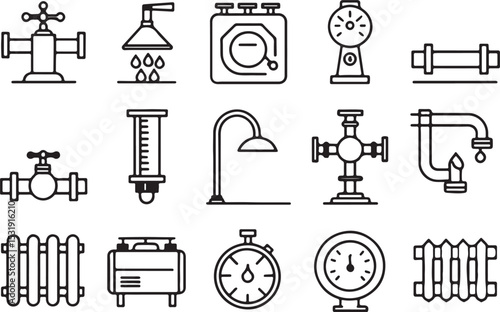 Heating and plumbing vector line art icon set. Plumbing tools, pipe, repair, labor, miter. Editable stroke outline