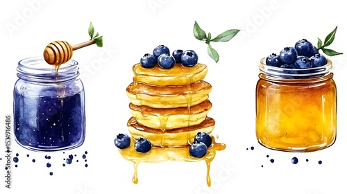 Watercolor Pancakes, Honey, Blueberry Jam
