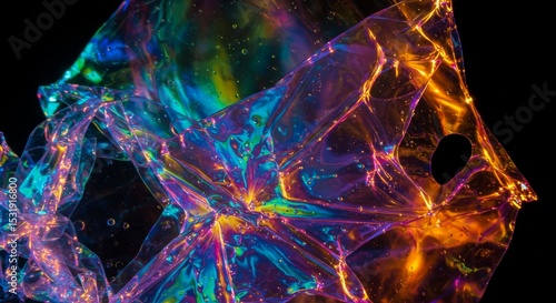 Close-up of a vibrant, abstract pattern created by light refraction on a textured surface with bubbles. Psychedelic, colorful background for design.