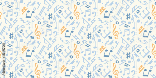 Seamless pattern background of hand-drawn pastel blue and orange music notes on off-white, in a flat and contemporary style