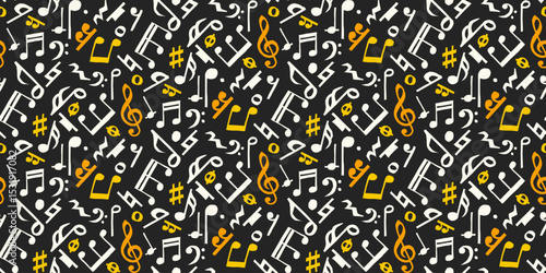 Seamless pattern background of hand-drawn white and yellow music notes on black, in a flat and contemporary style