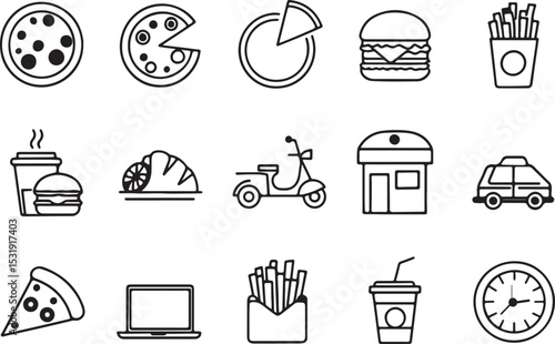 Manufactured Food and Delivery vector line art icon set. Burger, pizza, drink, delivery transport, bike, bicycle, car .Editable stroke outline