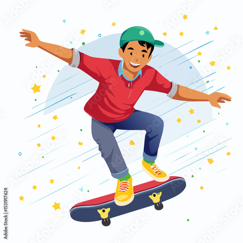 Energetic teenage boy performing an impressive skateboard trick mid-air, wearing red sneakers and casual clothes, captured in detailed vector art.