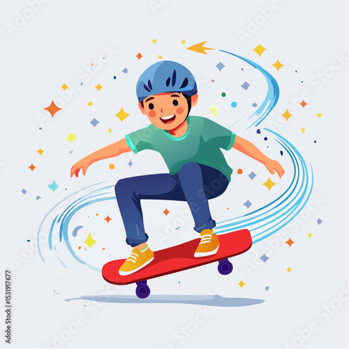Happy teenage boy performing an impressive skateboard trick mid-air, wearing red sneakers and casual clothing, dynamic action captured in vector art.