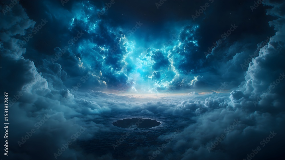 Faint meteor crater on rocky alien planet surrounded by clouds and illuminated by a mysterious sky Faint meteor crater on rocky alien planet surrounded by clouds and illuminated by a mysterious sky