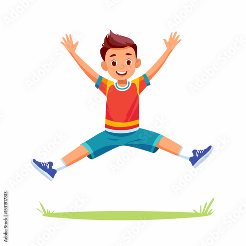 Energetic teenage boy wearing sportswear, performing a high jump with arms wide open during a morning workout session in a clean vector style.