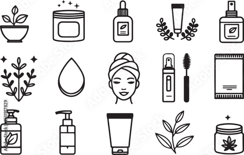 Monochrome skincare products vector line art icon set. Face wash, beauty cream, glow, smooth, cream, natural product. Editable stroke outline
