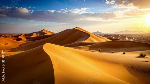 Golden sand dunes undulating across a vast desert landscape under a sunny blue sky with wispy clouds at the horizon