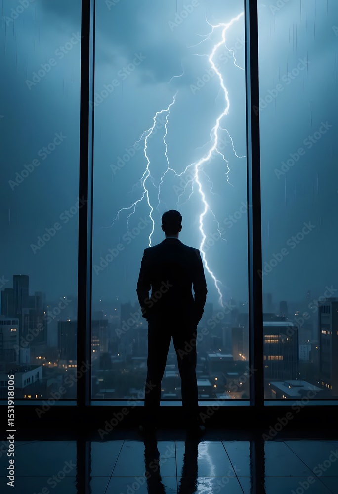Fototapeta premium Businessman looking at lightning storm over city skyline office window wallpaper art