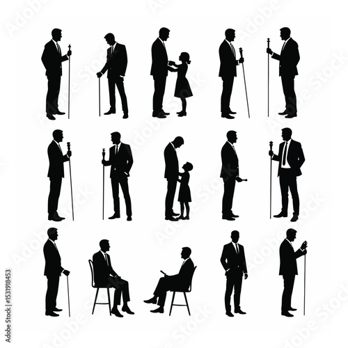 Twelve silhouettes of men in suits various poses