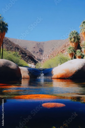 Desert oasis, tranquil waterfall