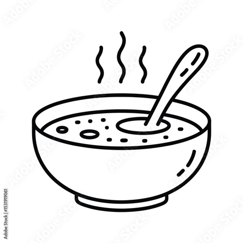Hot soup bowl with spoon line art illustration