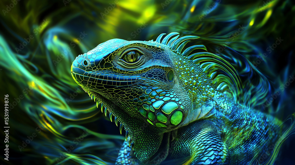 Fototapeta premium Vibrant iguana in glowing abstract background with neon green and blue