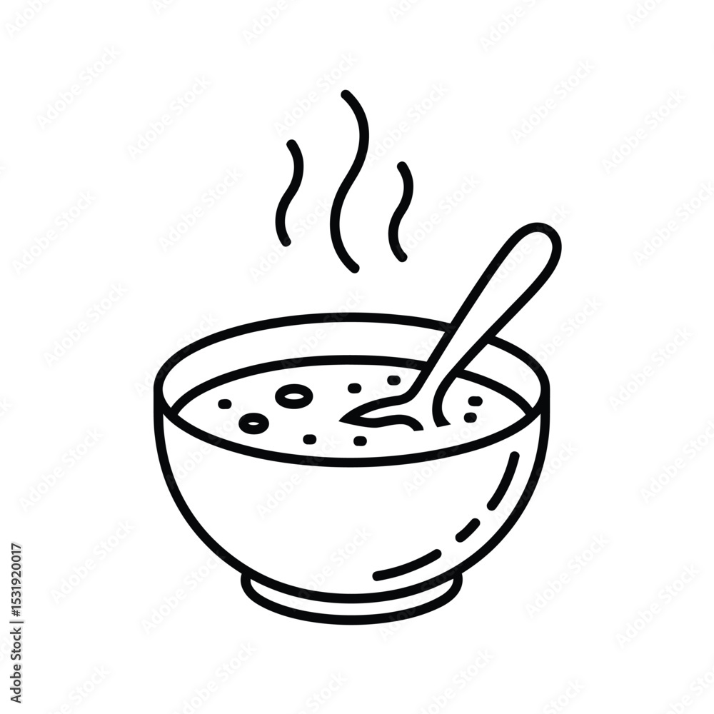 Hot soup bowl with spoon line art illustration Hot soup bowl with spoon line art illustration