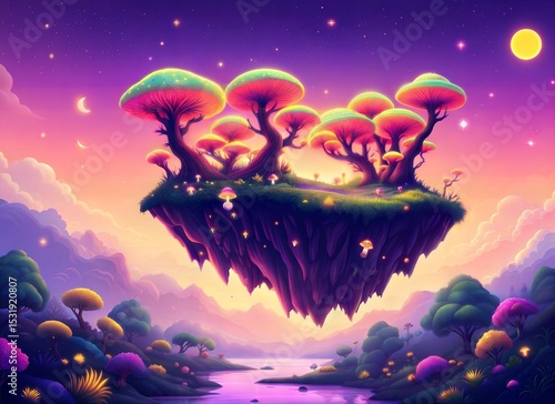 a floating forest island under a purple sky glowi.