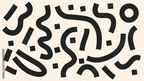 Seamless pattern of black and white abstract shapes with playful curves, wavy lines, and dots. A dynamic, minimal, and modern flat design perfect for fun, creative, and youthful projects.