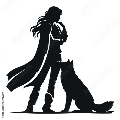 Silhouette of Woman with Long Hair and Dog in Vector Style Artwork