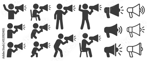 Human figure and megaphone icon shape symbol. Stick man Voice sound speech logo silhouette sign. Vector illustration image. Isolated on white background.