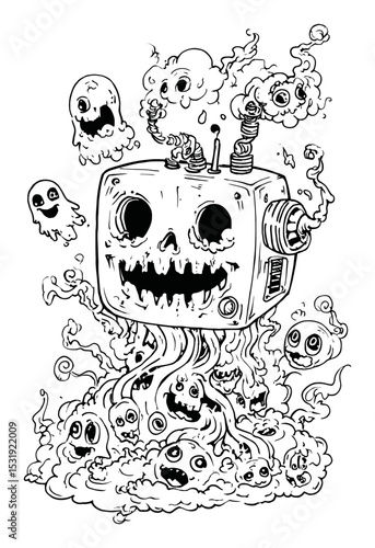 Whimsical Doodle of a Ghostly TV Character in a Fantasy Realm