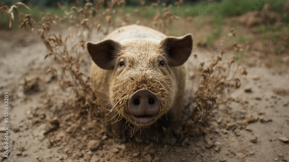 a pig standing in the mud with its mouth open, surrounded by plants in the background that are slightly blurred a pig standing in the mud with its mouth open, surrounded by plants in the background that are slightly blurred