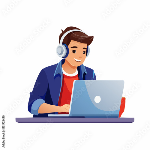 Focused teenage boy working on laptop wearing headphones, sitting indoors and concentrating deeply, modern vector art depicting study and tech use.