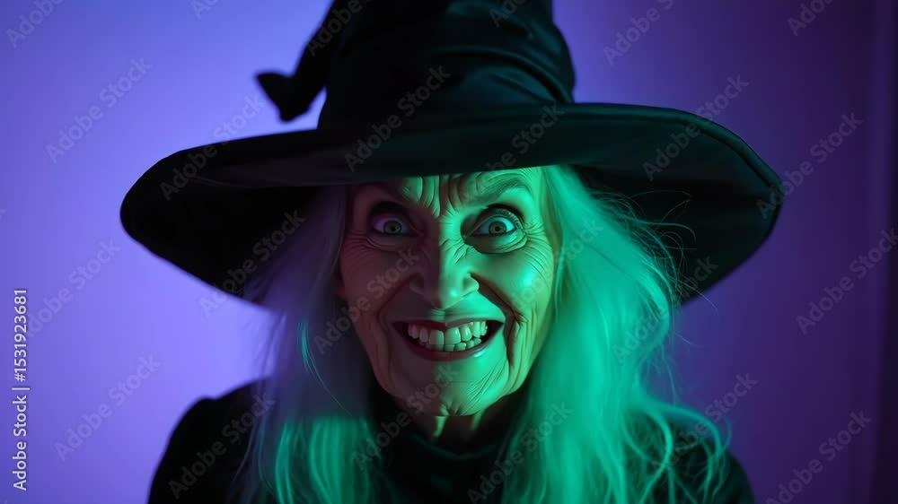 Elderly woman in witch costume, lit by eerie green light, smiles creepily for a spooky halloween vibe. Perfect for horror or supernatural themes Elderly woman in witch costume, lit by eerie green light, smiles creepily for a spooky halloween vibe. Perfect for horror or supernatural themes
