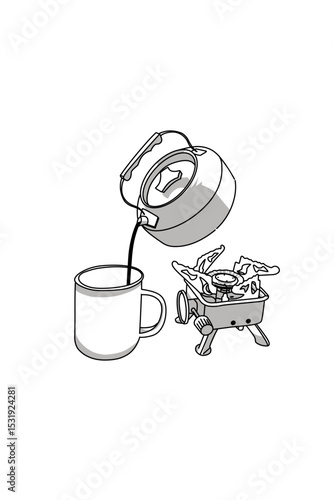 Line art drawing Coffee in a cup with kettle and portable stove while camping