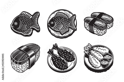 silhouette of Japanese food set bundle on the white background 